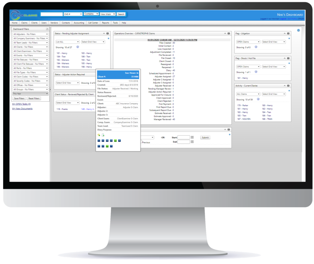 ClickClaims claims management system solution dashboard shown on a computer monitor