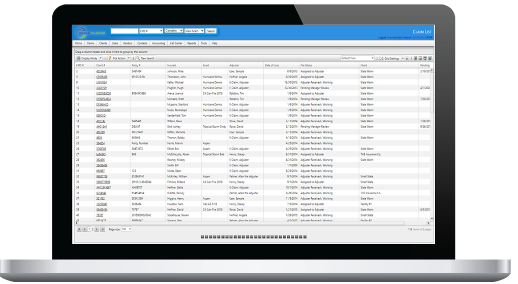 ClickClaims claims management system customizable data grid shown on laptop screen