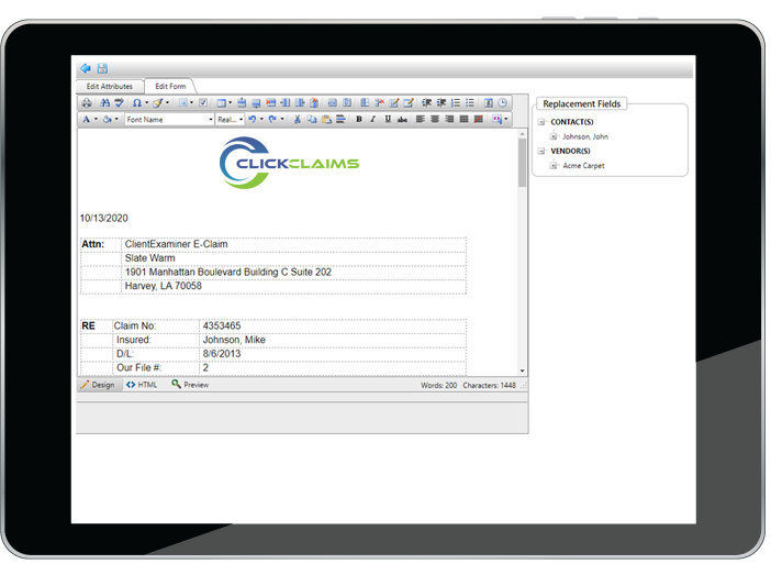 ClickClaims claims management systems form letters shown on black tablet