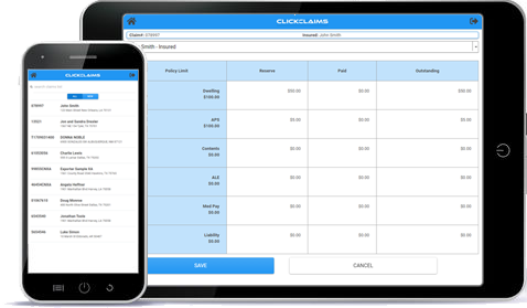 ClickClaims mobile solution interface shown on a black tablet and black mobile phone