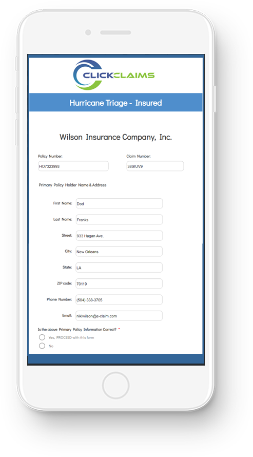 Screenshot of ClickClaims Insured Triage Mobile Forms on white phone