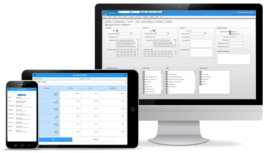 ClickClaims claims management solution interface shown on a computer monitor, a black tablet, and black mobile phone